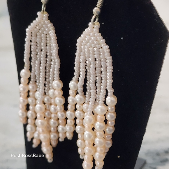 Vintage Pearl Beaded Fringe Earrings – 3” Drop Statement Pair - Picture 5 of 6